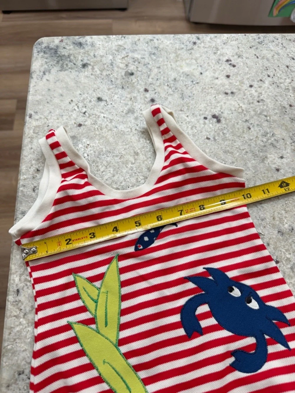 Rare Vintage 1960s Girls Swimsuit Red Striped Sea Creatures One Piece Size 6